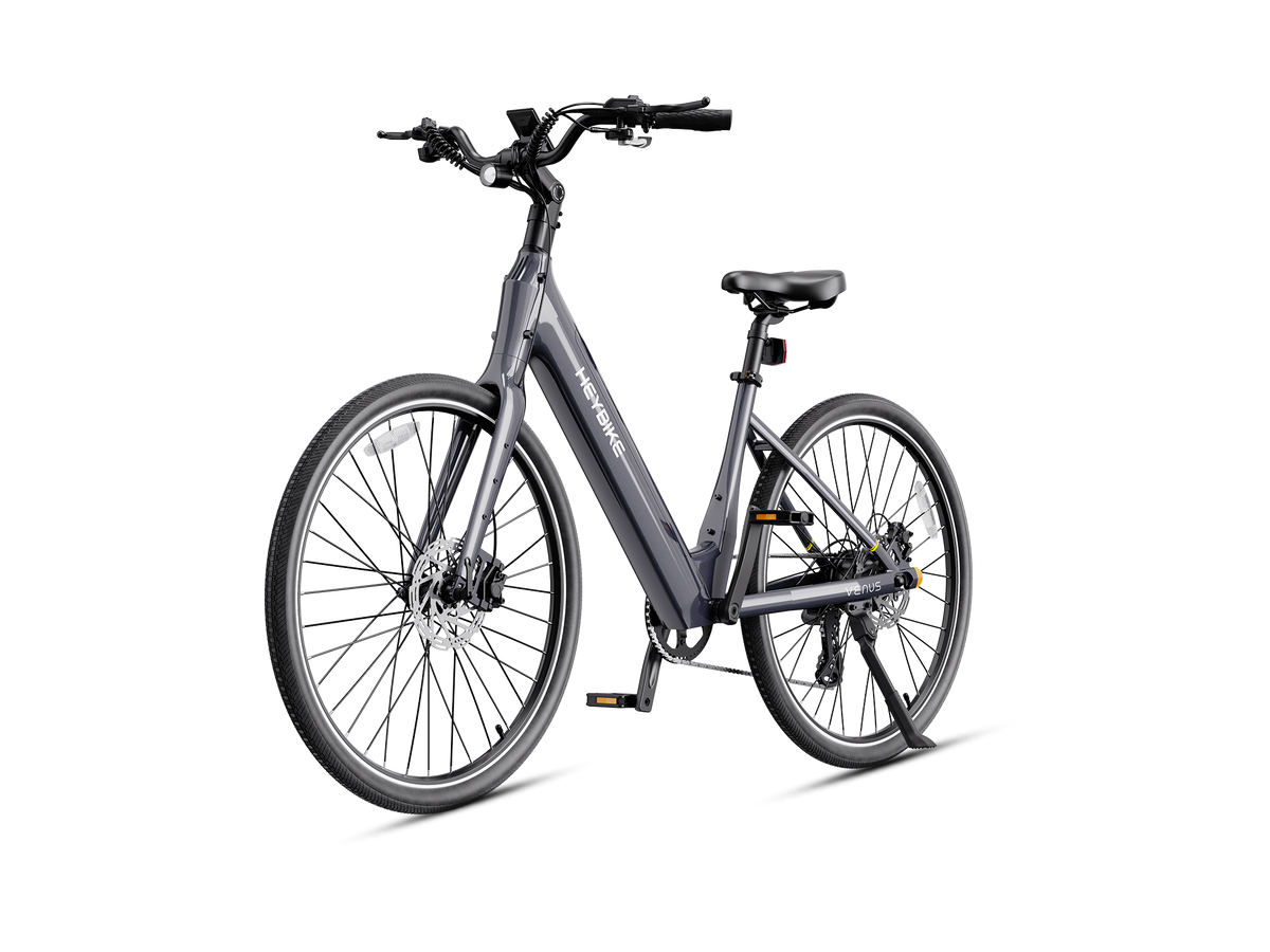 Heybike Venus lightweight step-thru cruiser electric bike: 750W Galaxy hub motor (1400W peak), 70 Nm torque, 28 mph Class 2/3 switchable, 27.5x2.2 Kenda road tires, aluminum-alloy low-step frame, Shimano Altus 8-speed, hydraulic discs, UL 2849 + UL 2271