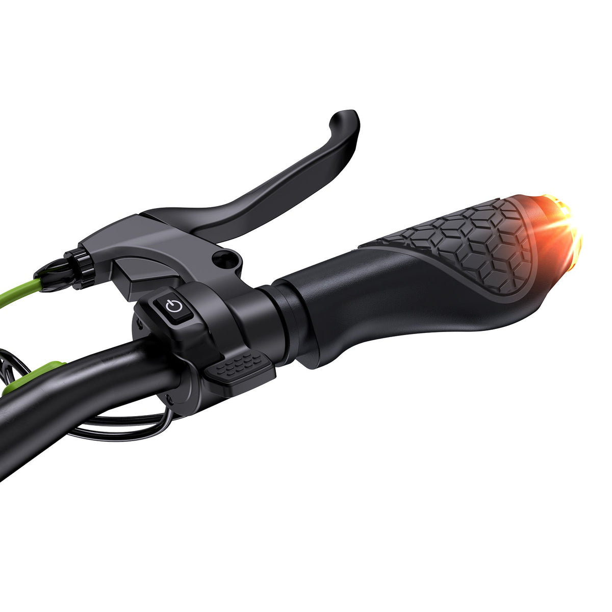 Right handlebar of the S10Max with brake lever, thumb throttle, and illuminated amber turn signal