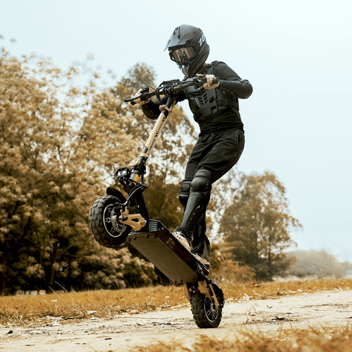 Circooter Cruiser Pro 2400W dual-motor off-road electric scooter with 11-inch pneumatic off-road tires, dual hydraulic suspension front and rear, hydraulic disc brakes, extra-wide deck, UL 2272 certified electrical system, and a 38 mph top-speed claim