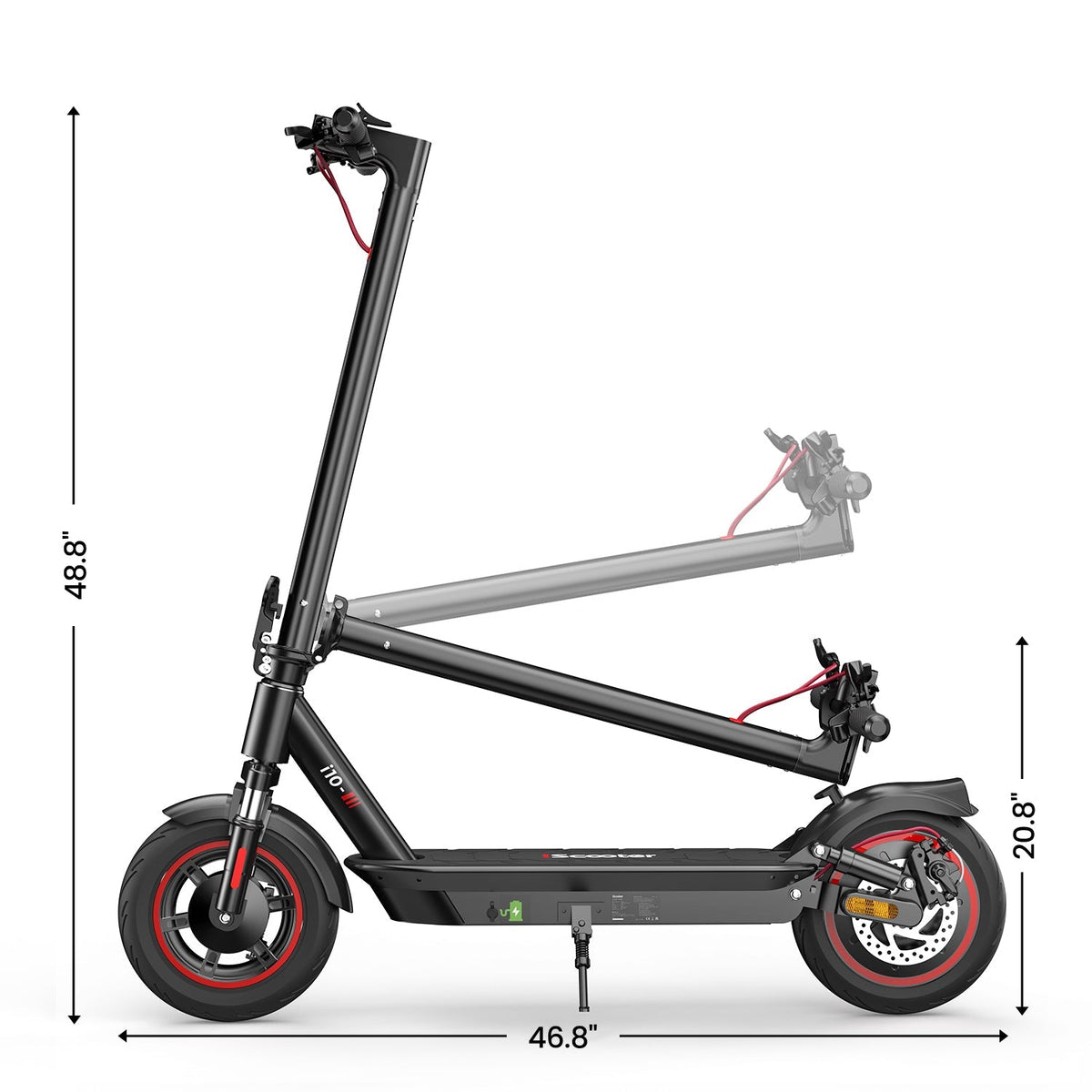 iScooter i10 mid-tier folding commuter electric scooter: 42V peak 650W brushless motor, 25 mph, 4 speed modes, 10-inch pneumatic tires, EBAS front brake plus rear disc, front and rear suspension, IP54, iScooter app, 44 lb net, 264 lb max load