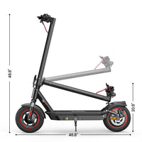 iScooter i10 mid-tier folding commuter electric scooter: 42V peak 650W brushless motor, 25 mph, 4 speed modes, 10-inch pneumatic tires, EBAS front brake plus rear disc, front and rear suspension, IP54, iScooter app, 44 lb net, 264 lb max load