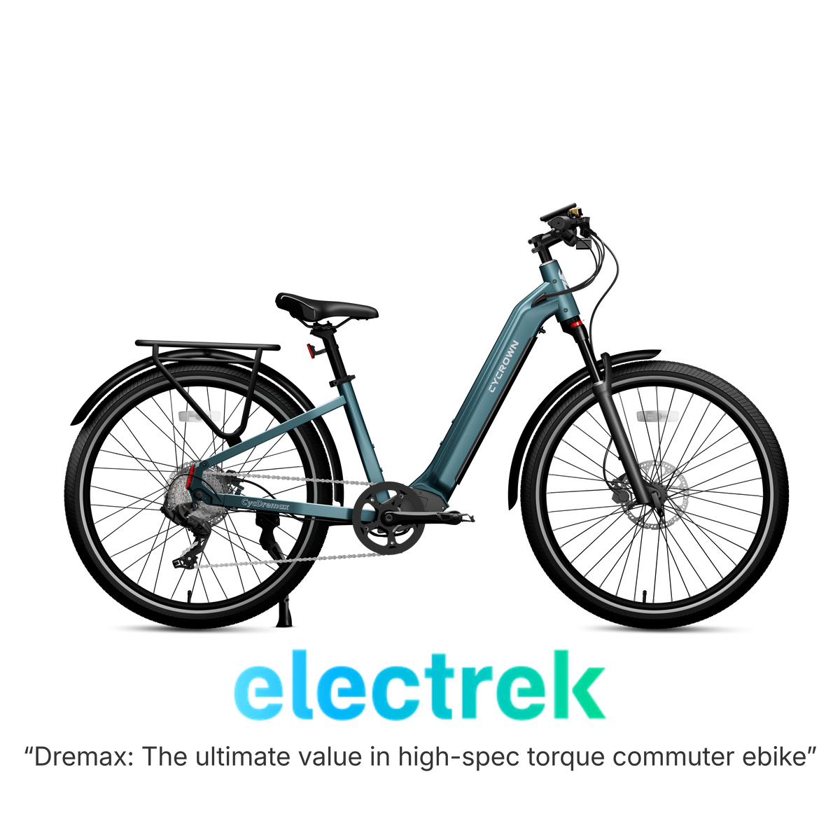 Urban teal Dremax step-through commuter e-bike shown in profile for easy mounting.