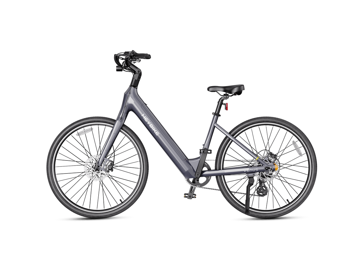 Heybike Venus lightweight step-thru cruiser electric bike: 750W Galaxy hub motor (1400W peak), 70 Nm torque, 28 mph Class 2/3 switchable, 27.5x2.2 Kenda road tires, aluminum-alloy low-step frame, Shimano Altus 8-speed, hydraulic discs, UL 2849 + UL 2271
