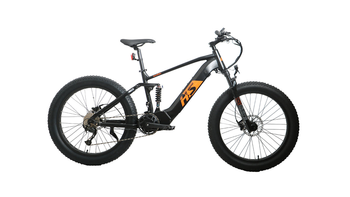 Black and orange EUNORAU FAT-HS full-suspension fat-tire e-bike, drive-side studio profile