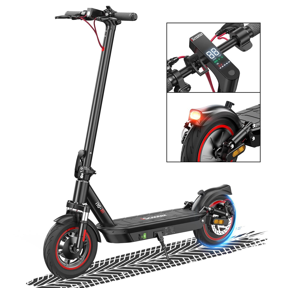 iScooter i10 mid-tier folding commuter electric scooter: 42V peak 650W brushless motor, 25 mph, 4 speed modes, 10-inch pneumatic tires, EBAS front brake plus rear disc, front and rear suspension, IP54, iScooter app, 44 lb net, 264 lb max load