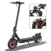 iScooter i10 mid-tier folding commuter electric scooter: 42V peak 650W brushless motor, 25 mph, 4 speed modes, 10-inch pneumatic tires, EBAS front brake plus rear disc, front and rear suspension, IP54, iScooter app, 44 lb net, 264 lb max load
