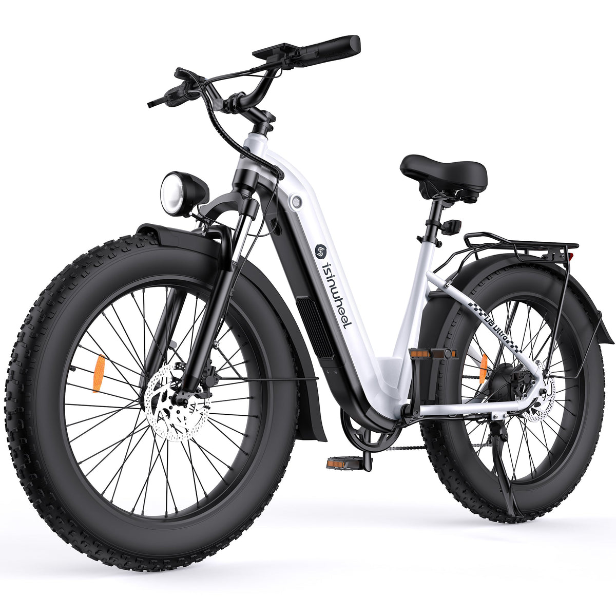 Side profile of the isinwheel U8 Ultra showing the step-thru frame, removable down-tube battery, rear rack, and 26 by 4 inch fat tires.