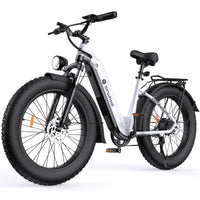 Side profile of the isinwheel U8 Ultra showing the step-thru frame, removable down-tube battery, rear rack, and 26 by 4 inch fat tires.