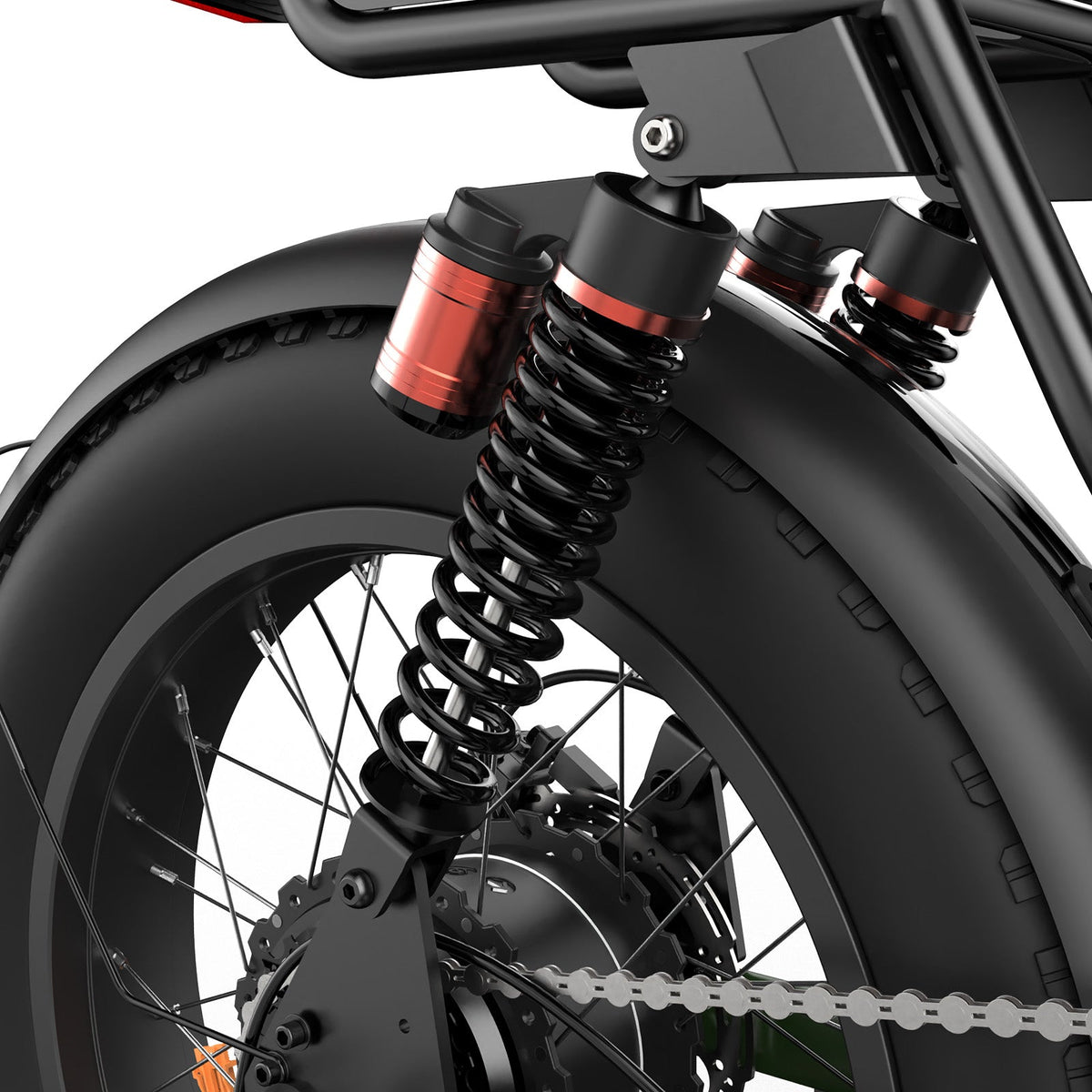 Close-up of the R6 Pro rear coil-over shock and rear fat tire with the chain and the rear disc brake rotor visible