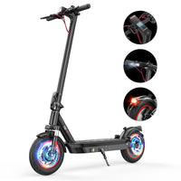 iScooter i10 mid-tier folding commuter electric scooter: 42V peak 650W brushless motor, 25 mph, 4 speed modes, 10-inch pneumatic tires, EBAS front brake plus rear disc, front and rear suspension, IP54, iScooter app, 44 lb net, 264 lb max load