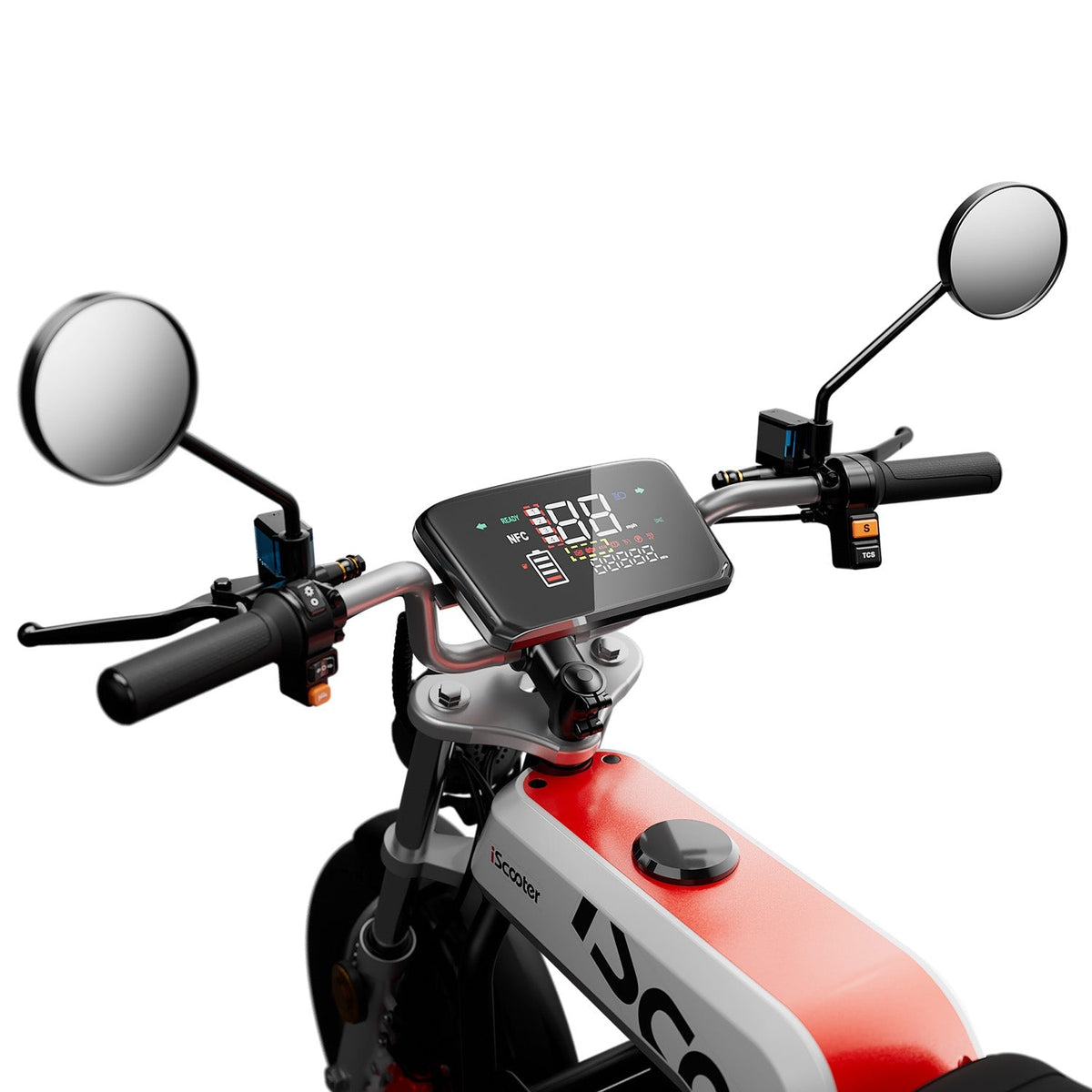 Top cockpit view of the iScooter DX5Pro showing mirrors, brake levers, LCD display, keyed switch area, and handlebar controls.