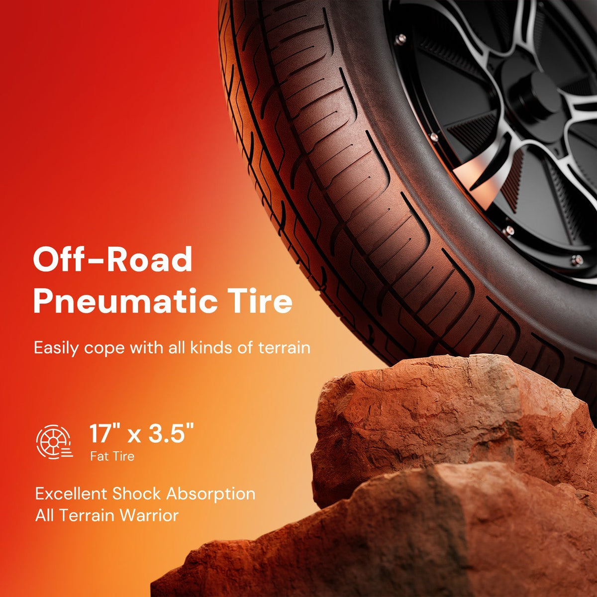 iScooter DX5Pro tire graphic showing the 17 by 3.5 inch pneumatic tire near rocks for rough pavement and trail-style traction.