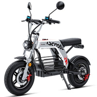 Front three-quarter studio view of the iScooter DX5Pro with headlight, mirrors, padded seat, kickstand, and front suspension fork.