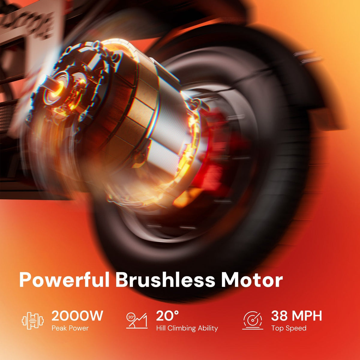 Close motion graphic of the iScooter DX5Pro brushless rear motor with 2000W power, 38 mph speed, and 20 degree climb callouts.