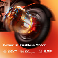 Close motion graphic of the iScooter DX5Pro brushless rear motor with 2000W power, 38 mph speed, and 20 degree climb callouts.