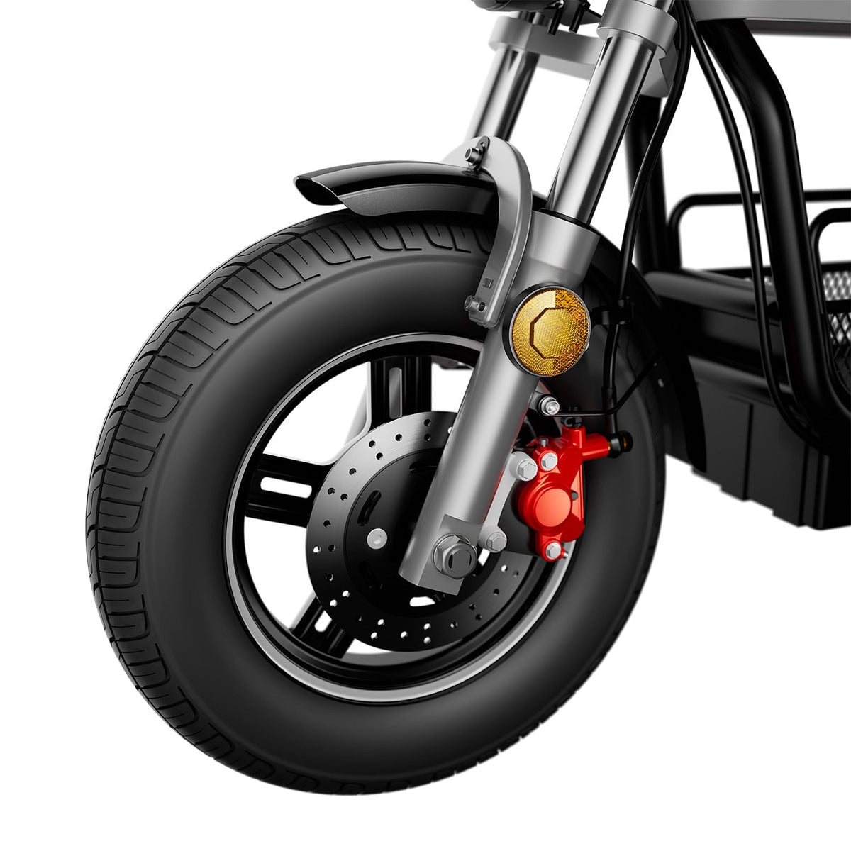 Close view of the iScooter DX5Pro front wheel, fork, gold suspension hardware, red brake caliper, and wide road tire.