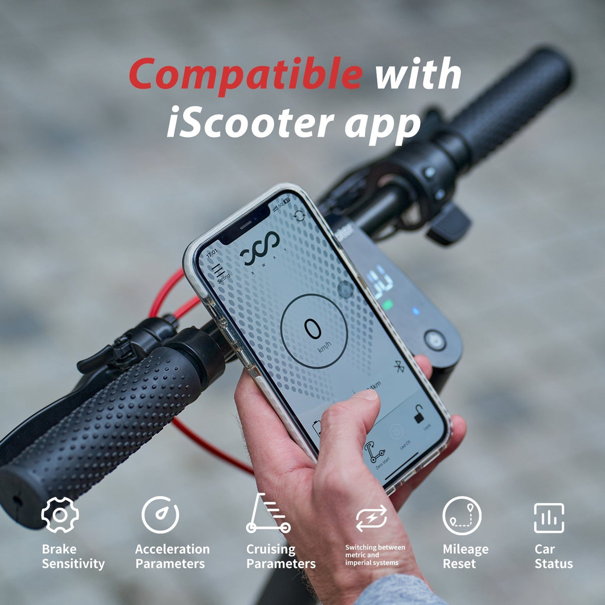 iScooter W8 handlebar next to a phone showing app controls for brake sensitivity, acceleration, cruise, mileage reset, and car status.