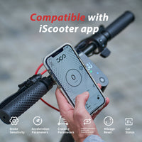 iScooter W8 handlebar next to a phone showing app controls for brake sensitivity, acceleration, cruise, mileage reset, and car status.