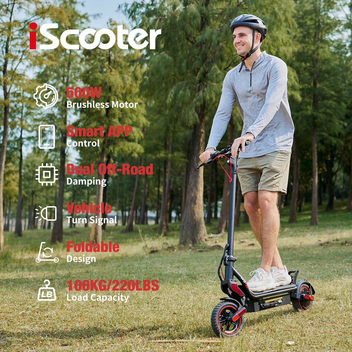 Rider on the iScooter W8 near trees with callouts for 500W motor, app control, suspension, turn signal, folding design, and rider load.
