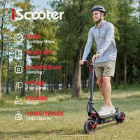 Rider on the iScooter W8 near trees with callouts for 500W motor, app control, suspension, turn signal, folding design, and rider load.