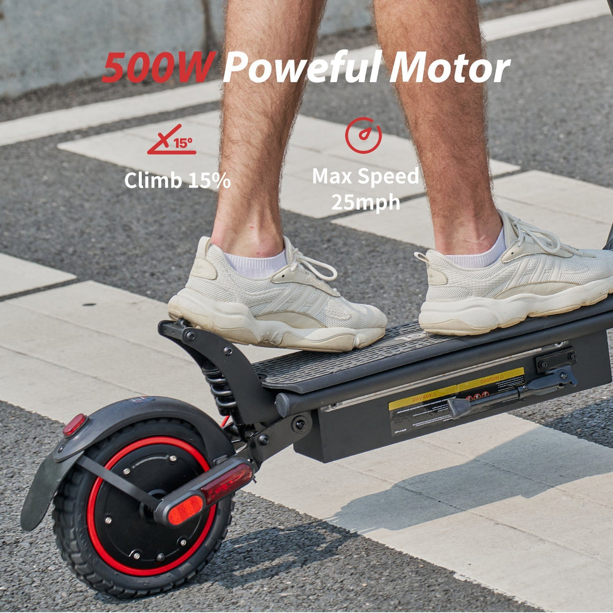 Close side view of the iScooter W8 deck and rear wheel with 500W motor, 25 mph speed, and 15 percent climb callouts.