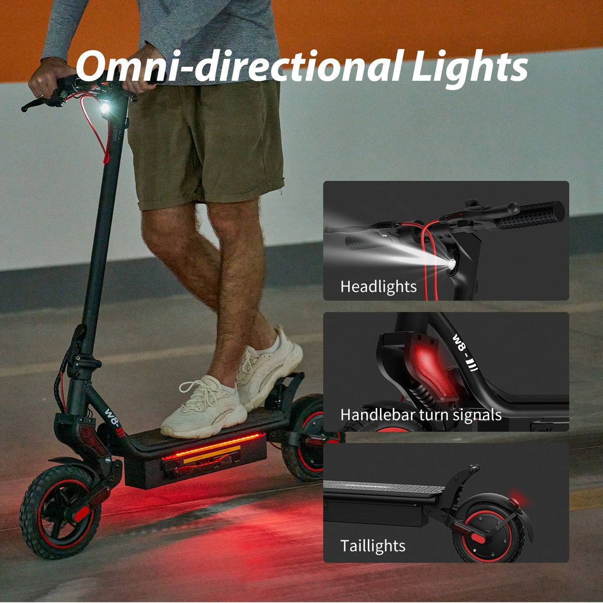 iScooter W8 lighting graphic showing headlight, handlebar turn signals, taillight, and red underglow visibility.