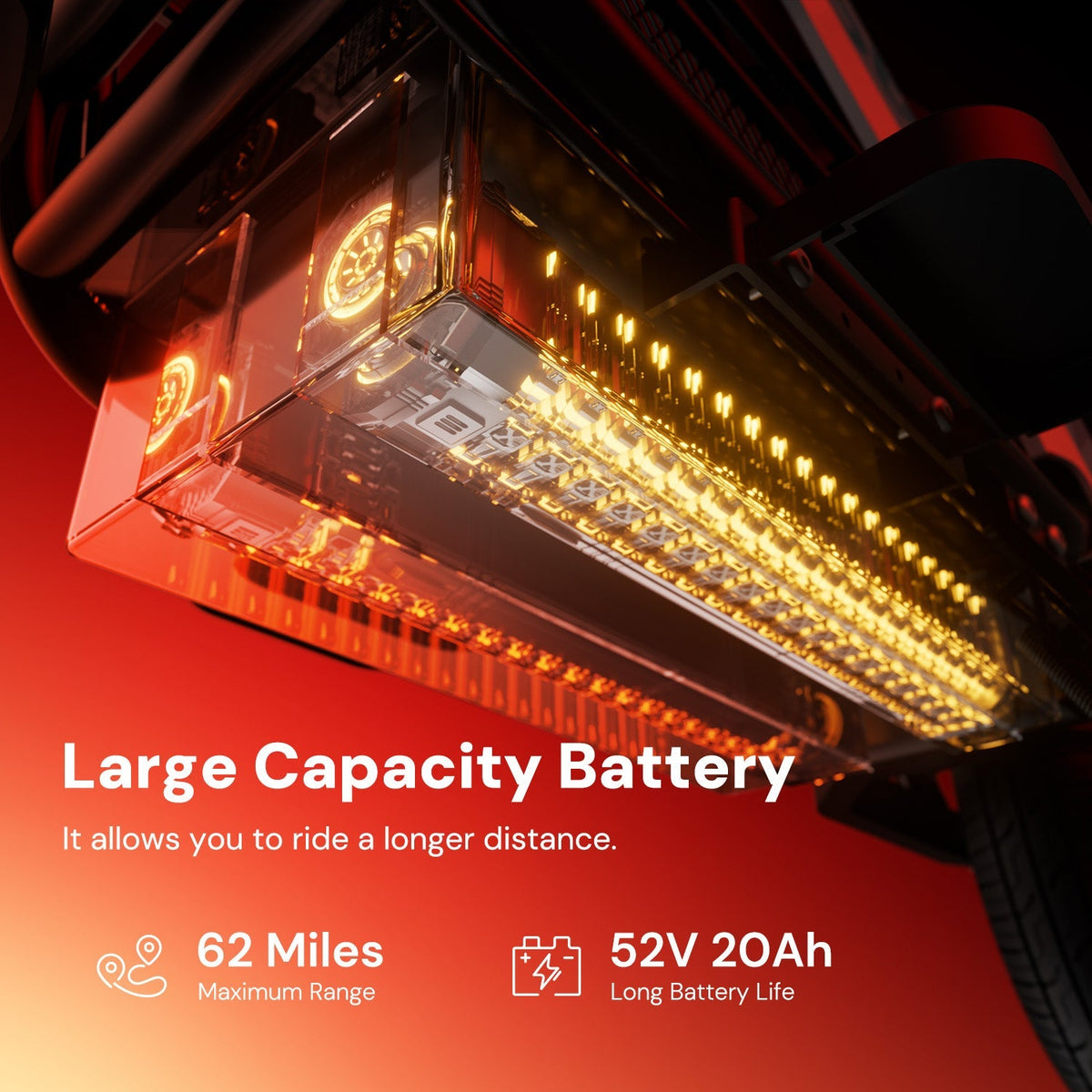 iScooter DX5Pro battery graphic showing the 52V 20Ah pack under the deck and a 62 mile maximum range claim.