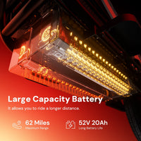 iScooter DX5Pro battery graphic showing the 52V 20Ah pack under the deck and a 62 mile maximum range claim.
