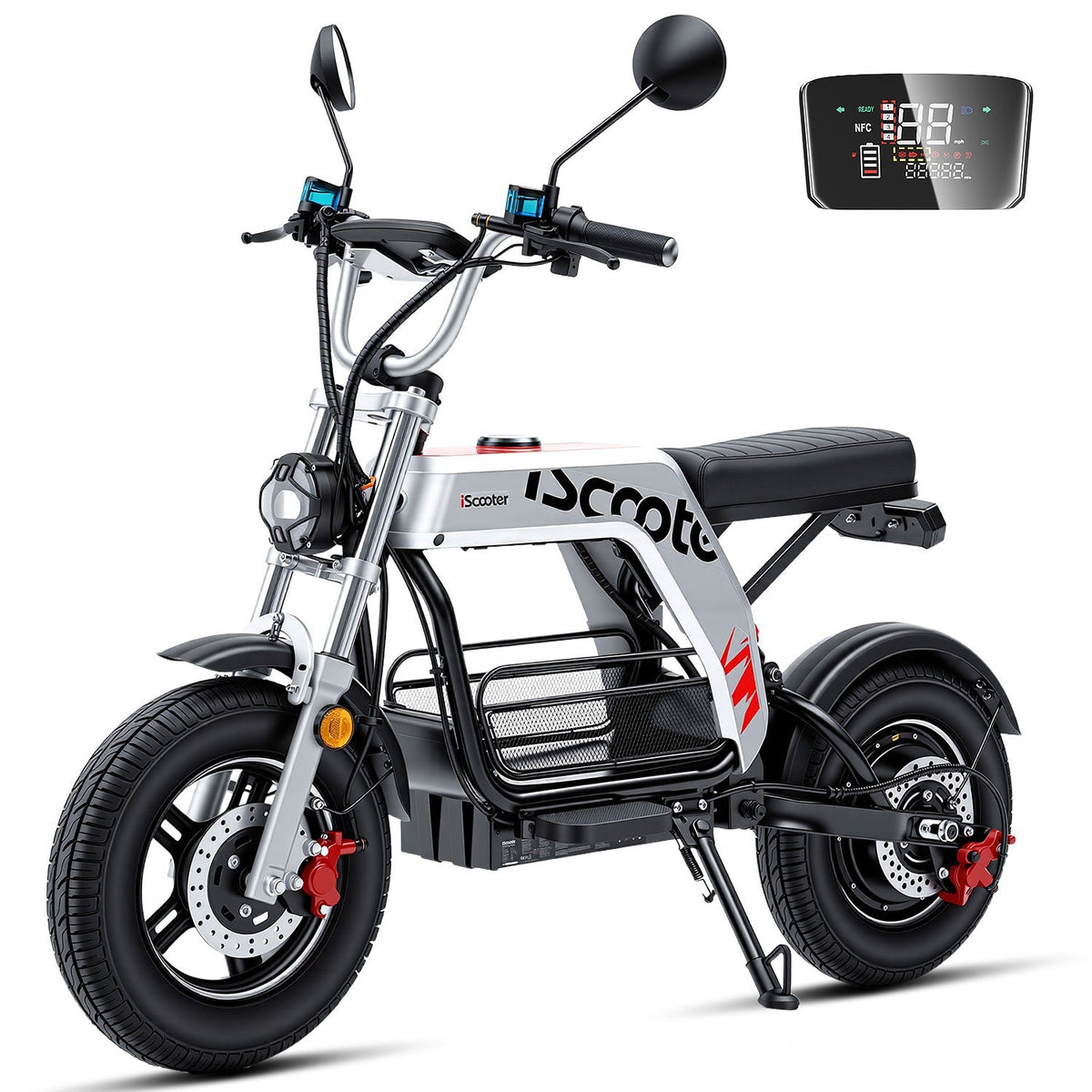 iScooter DX5Pro seated electric scooter in studio with mirrors, color display, padded seat, 17 inch tires, and front disc brake.