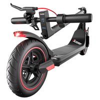 iScooter i8M 350W folding commuter electric scooter with front-wheel drive, 8.5-inch pneumatic tires, rear disc brake plus EBAS electronic anti-lock, three ride modes (6, 12, and 19 mph), folding aluminum frame, 27.7 lb folded weight, LED display, and integrated front and rear LED lighting