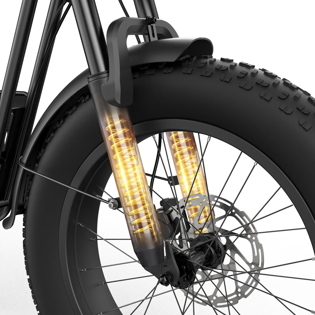 Close-up of the R6 Pro dual-crown fork with internal coil springs visible through the stanchions, the front fat tire knobby tread, and the front disc brake rotor