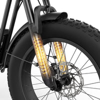 Close-up of the R6 Pro dual-crown fork with internal coil springs visible through the stanchions, the front fat tire knobby tread, and the front disc brake rotor