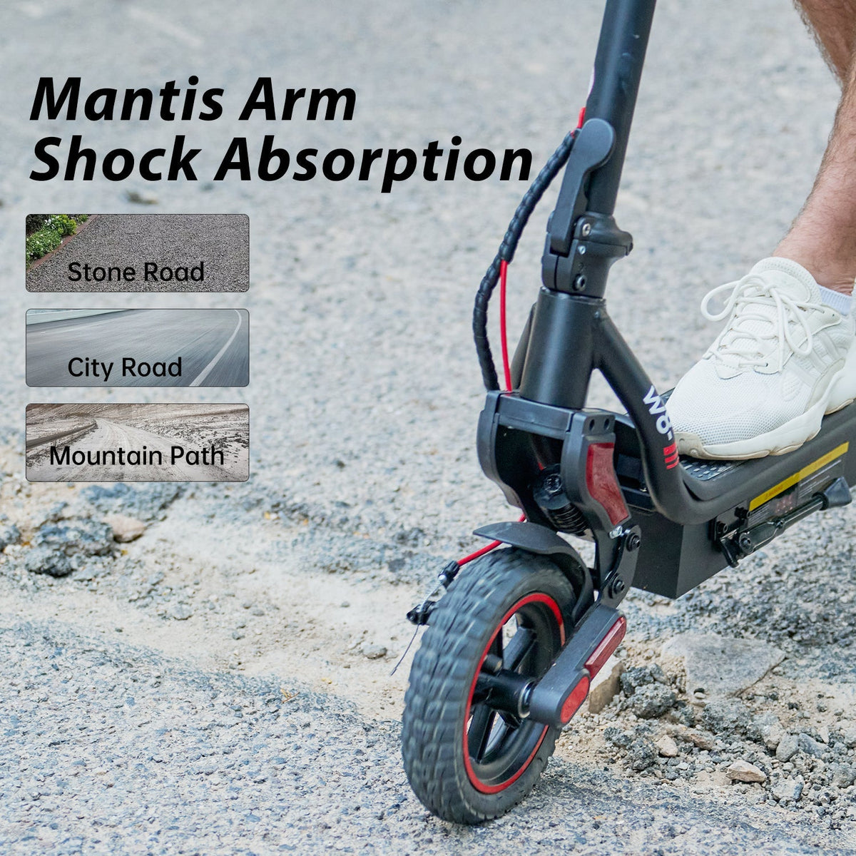 iScooter W8 front wheel on rough gravel with Mantis arm shock absorption callouts for stone road, city road, and mountain path.