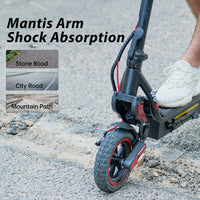 iScooter W8 front wheel on rough gravel with Mantis arm shock absorption callouts for stone road, city road, and mountain path.