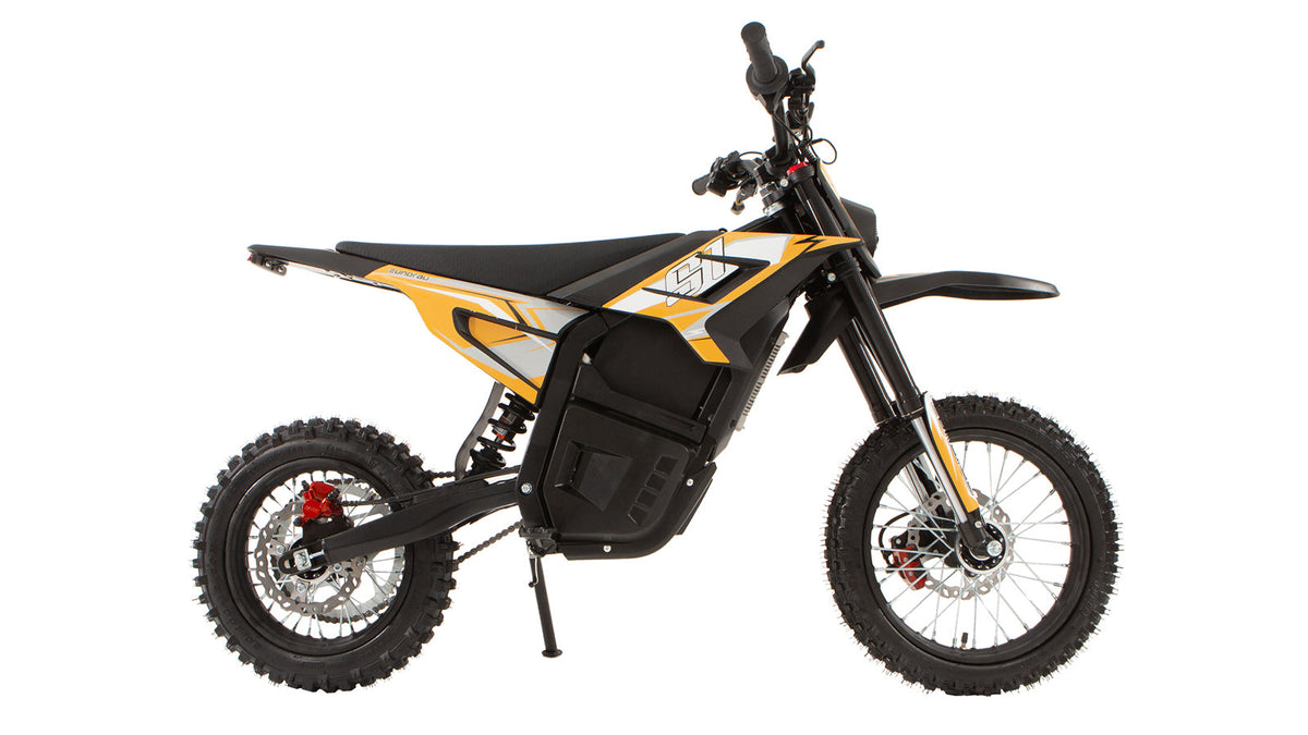 Orange EUNORAU S1 electric dirt bike right-side profile with 14-inch front and 12-inch rear tires