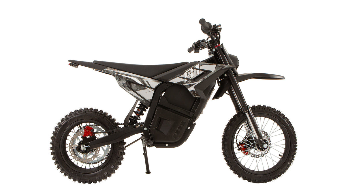 Camouflage EUNORAU S1 electric dirt bike right-side profile with full suspension and disc brakes