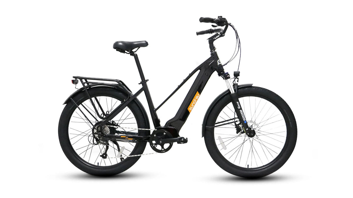 Black EUNORAU META275 1.0 step-over electric bike, drive-side studio profile
