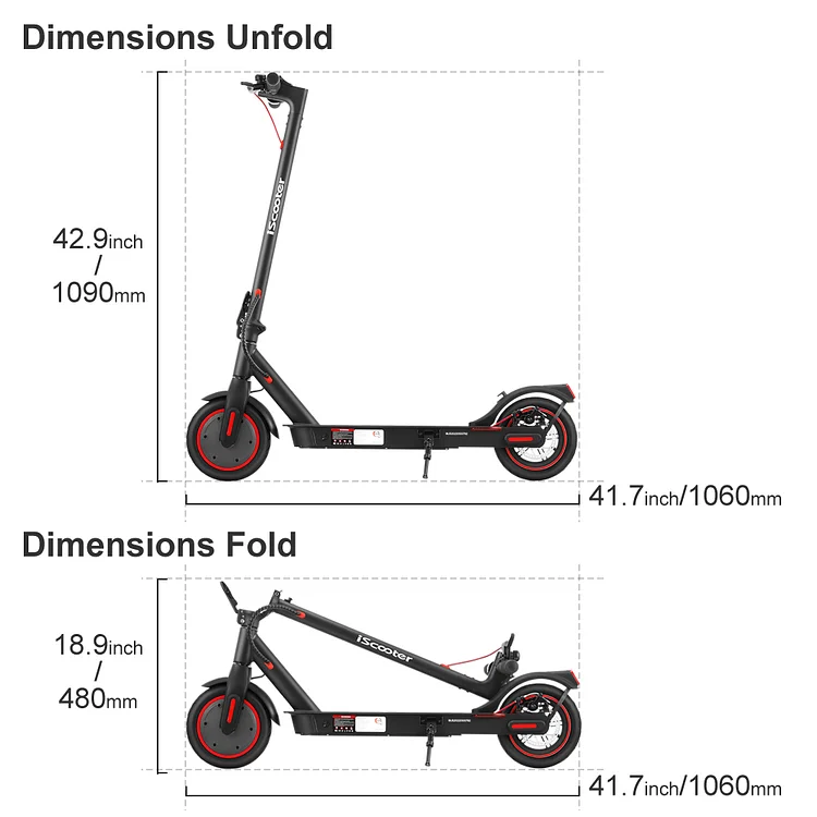 iScooter i9 dimension graphic showing unfolded height and compact folded height for storage planning.
