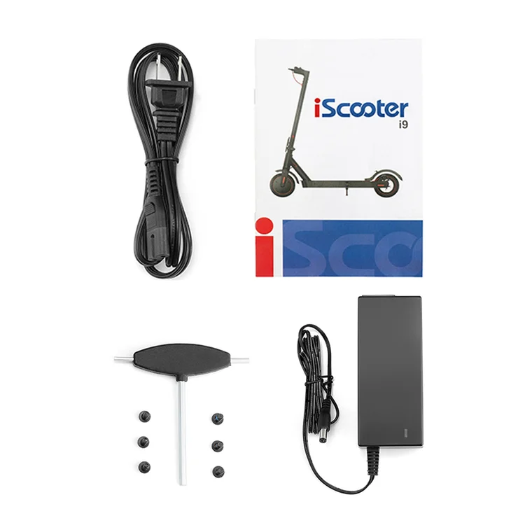 iScooter i9 package contents with charger, manual, handlebar hardware, hex wrench, and spare bolts.