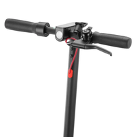 Close view of the iScooter i9 handlebar with foam grips, brake lever, bell, thumb throttle, and centered display.