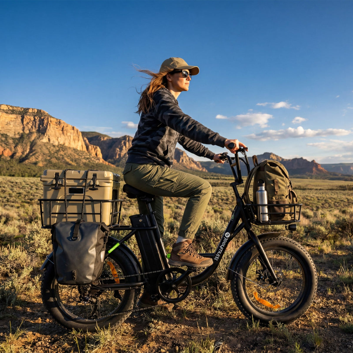 Rider on the isinwheel U7 in a high-desert landscape with cargo bags on both racks and a water bottle in the front basket, mesa rock formations behind