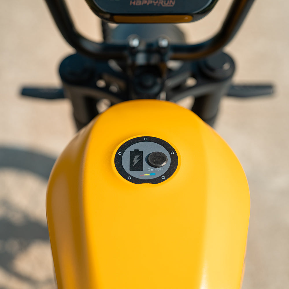 Detail view of the HappyRun G100 Pro rear suspension showing the dual coil-over shocks mounted to the swingarm