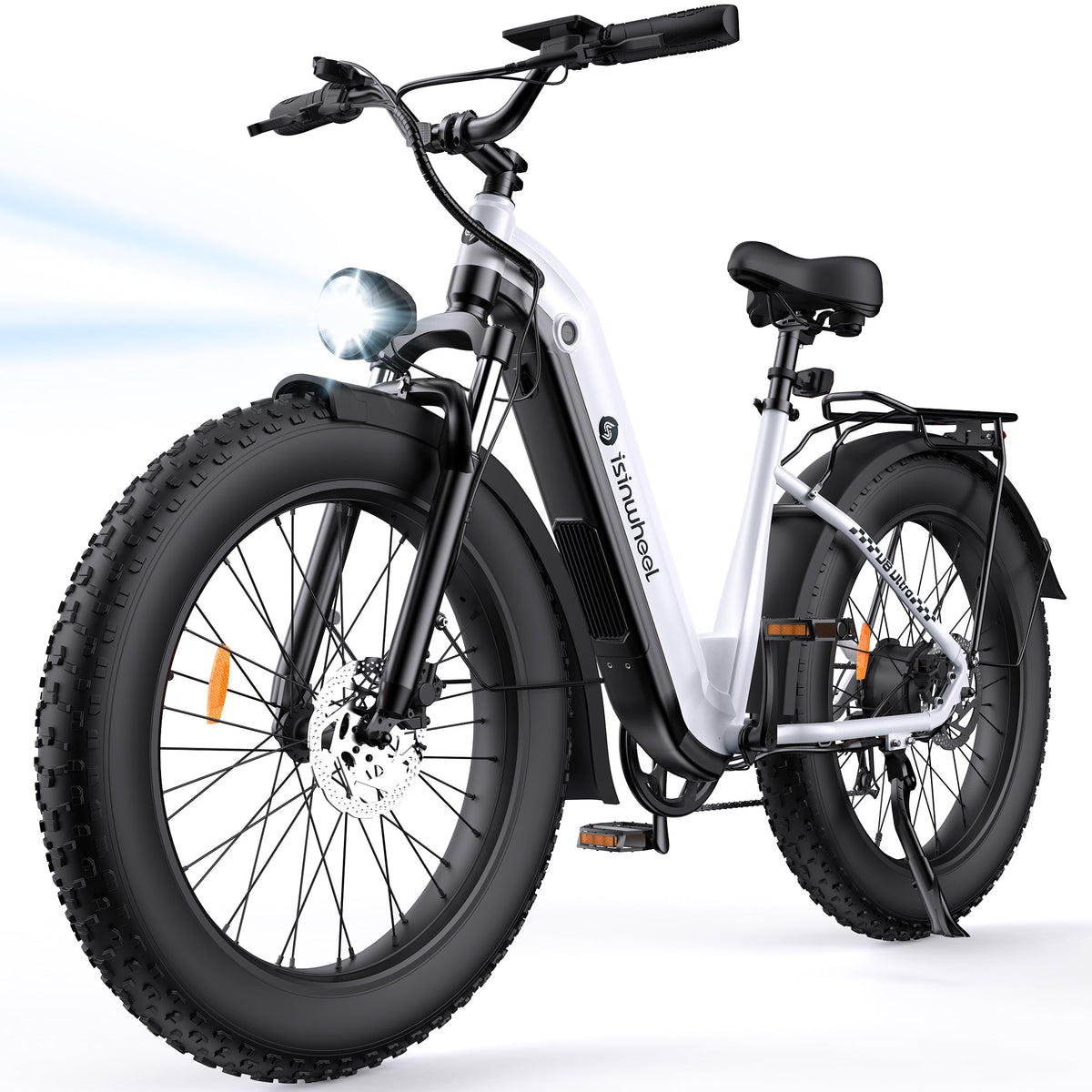 White isinwheel U8 Ultra front three-quarter studio view with front suspension fork, rear rack, step-thru frame, and black fat tires.
