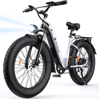 White isinwheel U8 Ultra front three-quarter studio view with front suspension fork, rear rack, step-thru frame, and black fat tires.