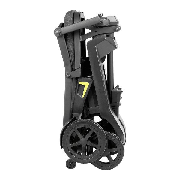 ScootNGo Lite folded upright for storage with seat and wheels tucked together