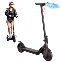 iScooter i8M 350W folding commuter electric scooter with front-wheel drive, 8.5-inch pneumatic tires, rear disc brake plus EBAS electronic anti-lock, three ride modes (6, 12, and 19 mph), folding aluminum frame, 27.7 lb folded weight, LED display, and integrated front and rear LED lighting