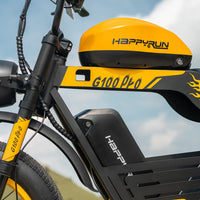 Detail view of the HappyRun G100 Pro chain, sprocket, and rear hydraulic disc brake with the 203mm rotor