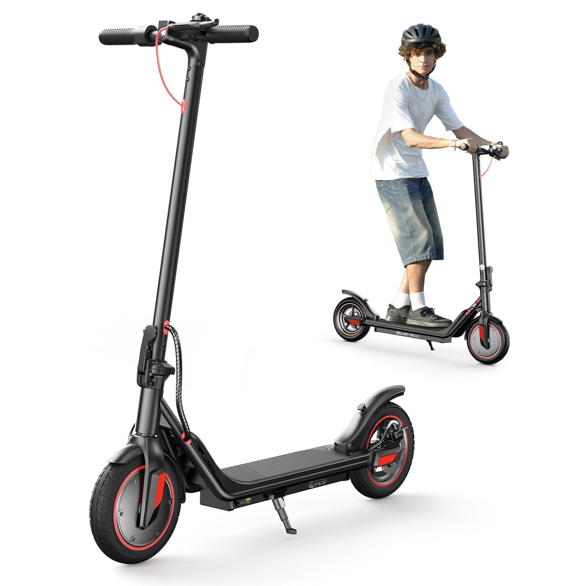iScooter i9M sub-budget folding commuter electric scooter: 42V peak 500W brushless front-wheel-drive motor, 22 mph, 315Wh battery, 10-inch pneumatic tires, EBAS plus rear disc brake, IP54, Tuya app integration, included mudguards, 28.9 lb folded