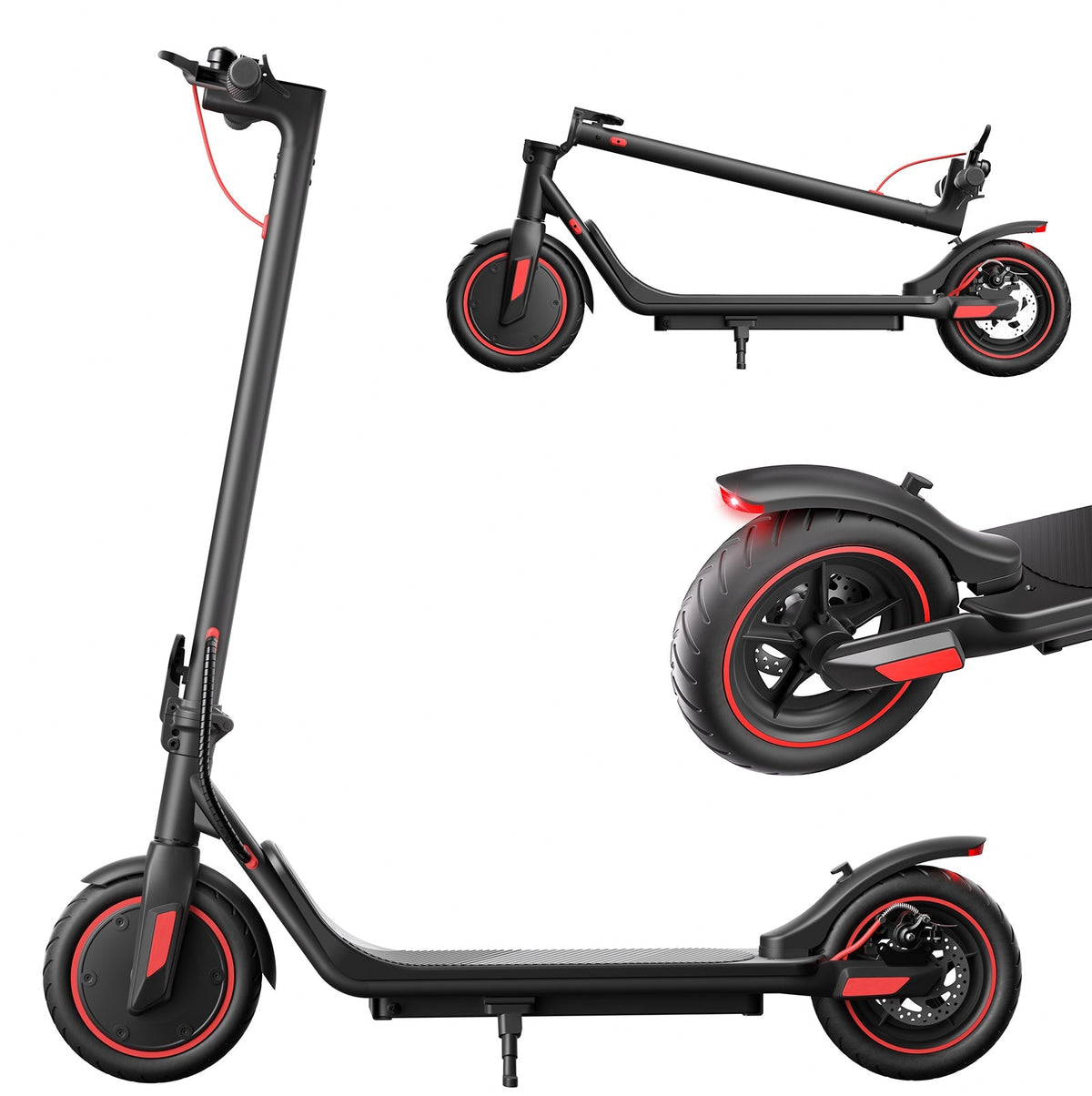 iScooter i8M 350W folding commuter electric scooter with front-wheel drive, 8.5-inch pneumatic tires, rear disc brake plus EBAS electronic anti-lock, three ride modes (6, 12, and 19 mph), folding aluminum frame, 27.7 lb folded weight, LED display, and integrated front and rear LED lighting