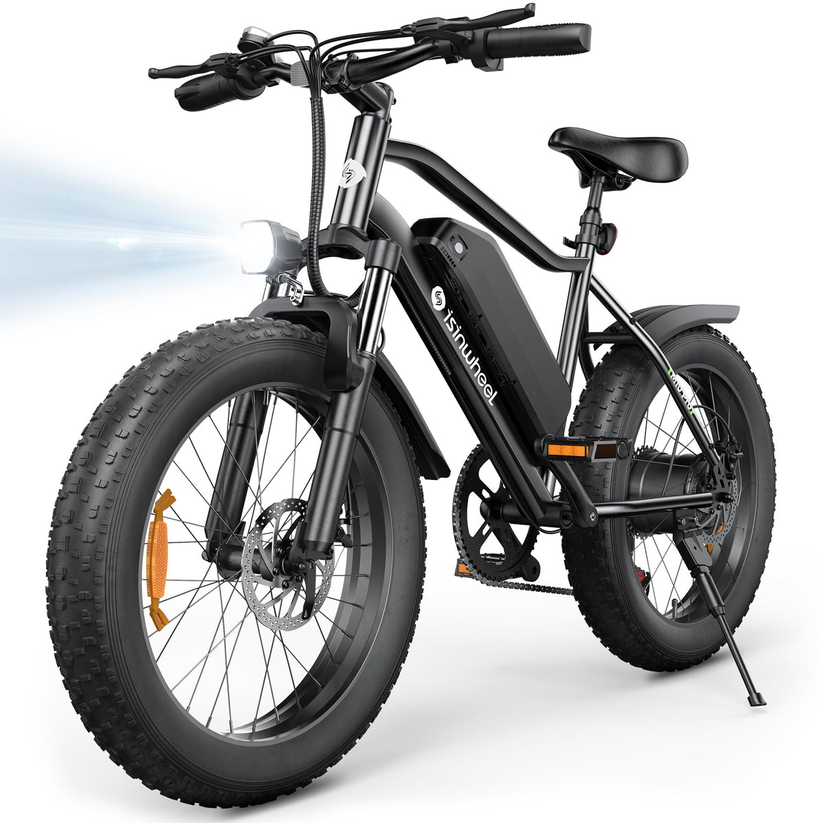 Front view of the isinwheel M10Pro with 20-inch fat tires and headlight